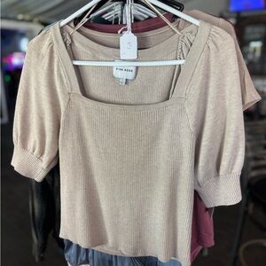 Pink Rose Women's Beige Ribbed Blouse
